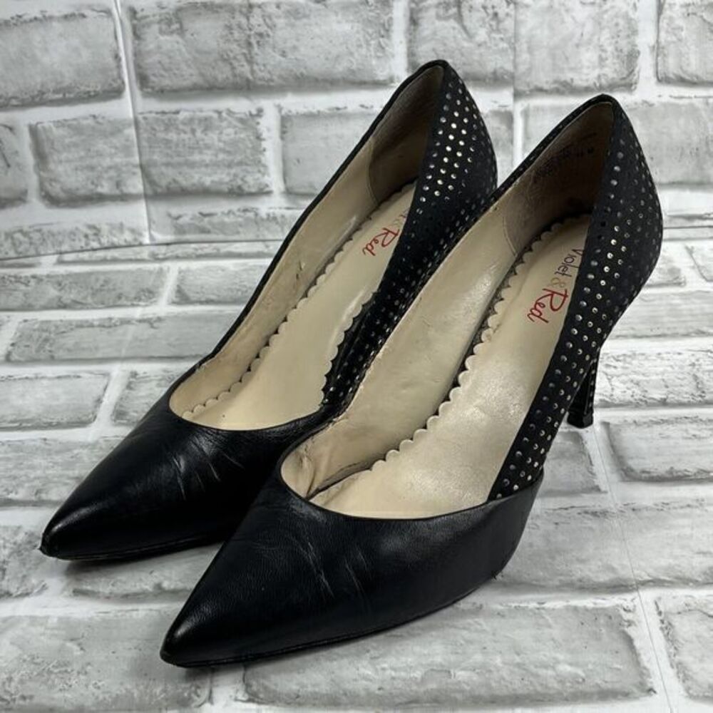 Violet & Red Sydney Women’s 9.5 Black Leather Metallic Gold Polka Dots Heels